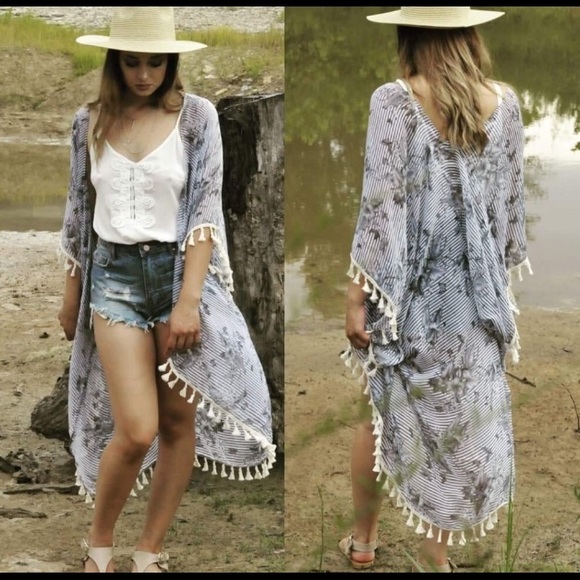 Accessories - Last One! Gray striped floral duster/kimono